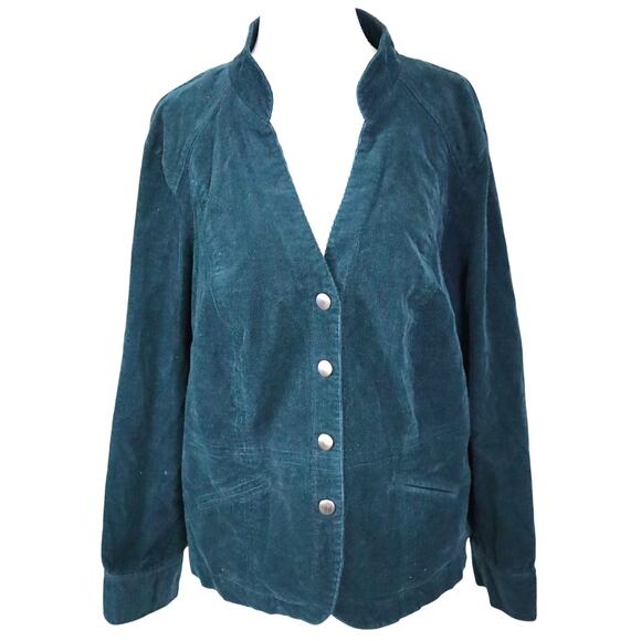 Y2K Dark Green Corduroy Jacket Blazer Shacket Snap Button Front Mandarin Collar - Picture 1 of 9